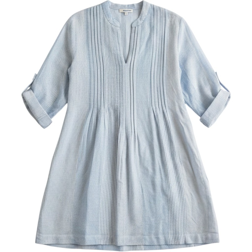 Madewell Tunic Dress M Blue Striped Pintuck Roll-Tab Sleeve Coastal Summer